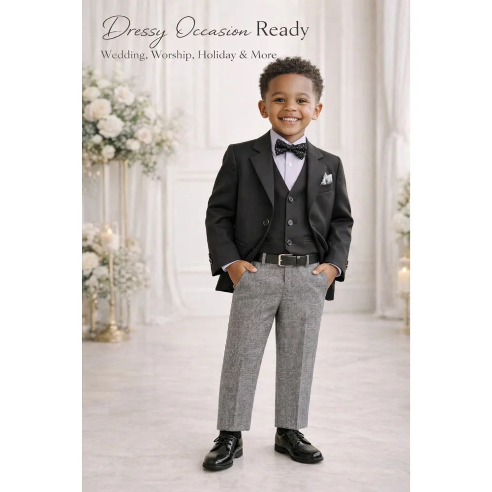 Boys 4T 4 Piece Suit Set Black Blazer Houndstooth Pants Dress Shirts Formal